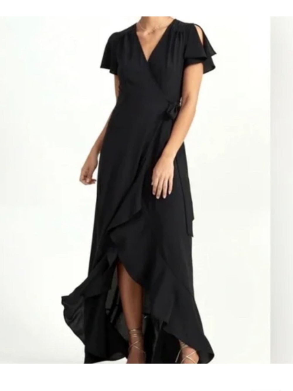 Elegantly Satin Draped Black Wrap Dress with Tie Waist
